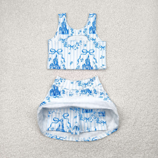 GSD2198 Yoga Outfits Blue Princess Castle sleeveless Top skirt shorts set girls boutique outfit 202504 RTS