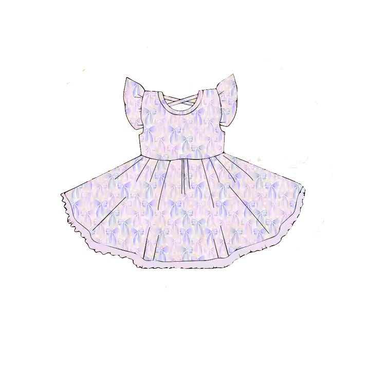 preorder GSD2204 Pink Purple Bows Ruffle Fly Sleeve Dress Girls Boutique clothes  202503