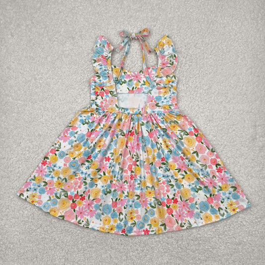 preorder GSD2207 Yellow Pink Flower Ruffle Fly Sleeve Dress Girls Boutique clothes  202503