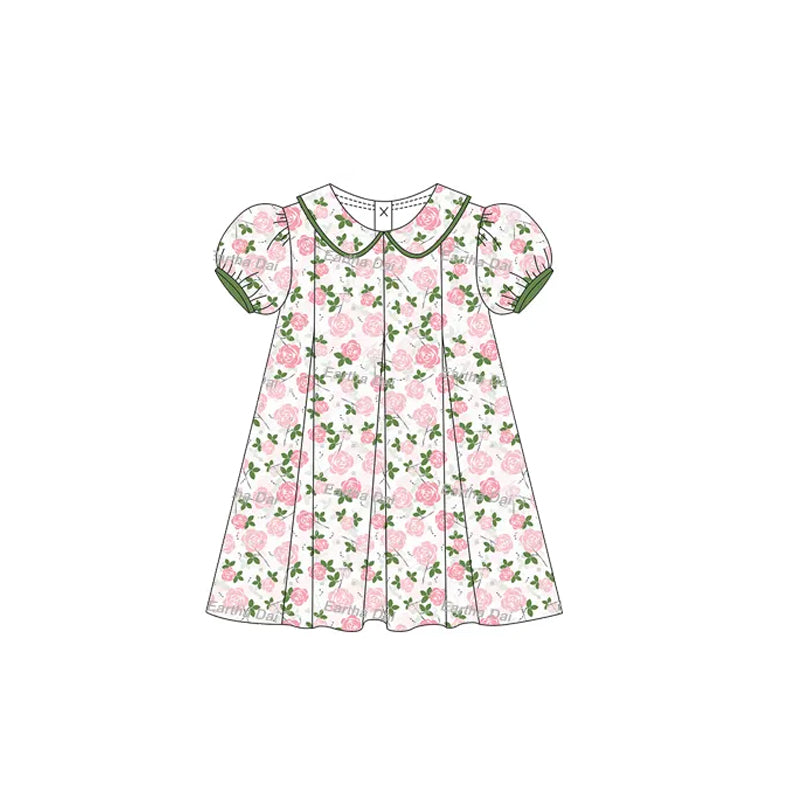 preorder GSD2210 Green Pink Flower Ruffle Puff Short Sleeve Dress Girls Boutique clothes  202503