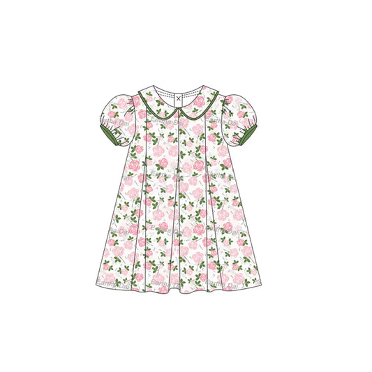 preorder GSD2210 Green Pink Flower Ruffle Puff Short Sleeve Dress Girls Boutique clothes  202503