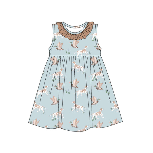 preorder GSD2215 Duck Puppy Hunting Blue Brown Ruffle Sleeveless Dress Girls Boutique clothes  202503