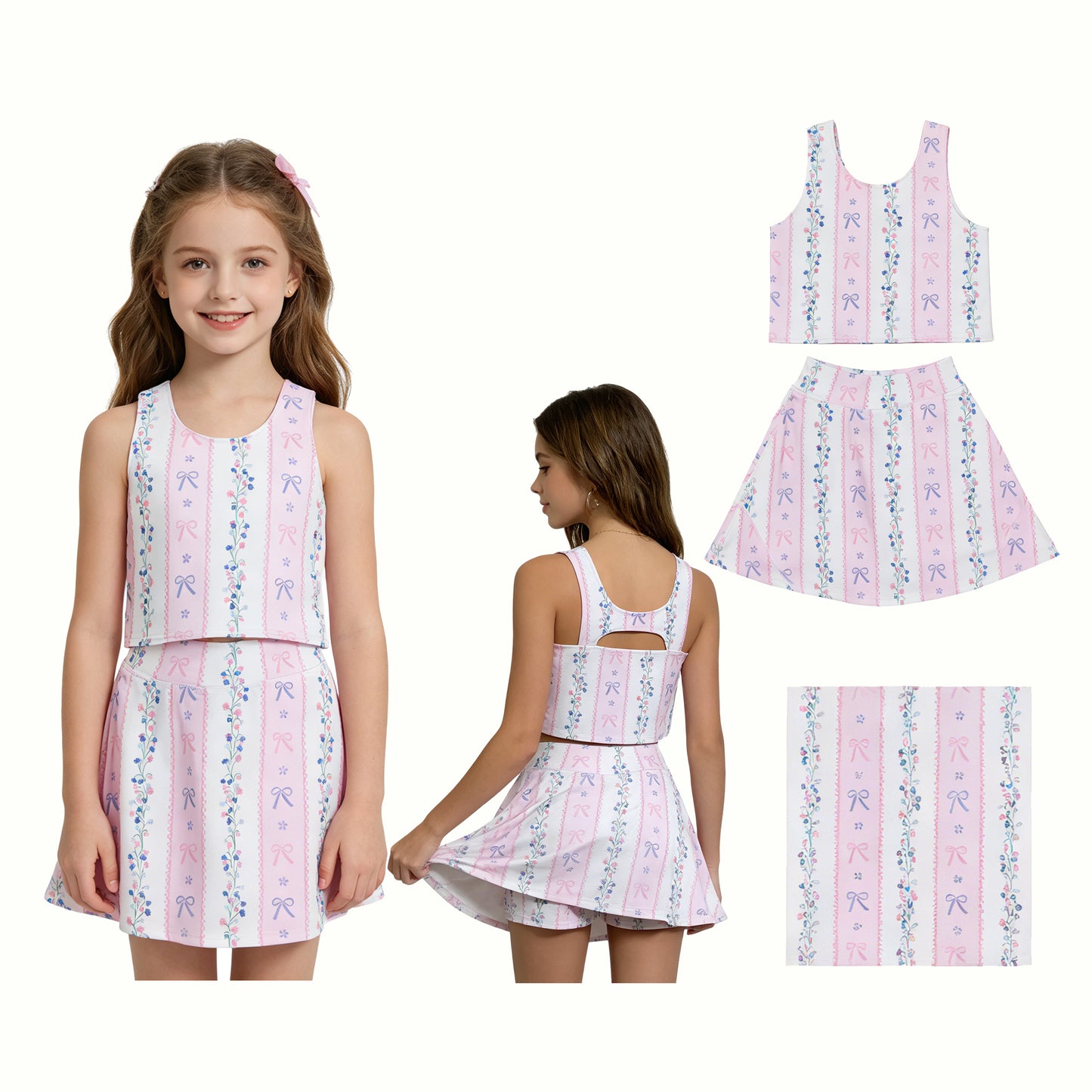 GSD2216 Pink Flower Bow Striped Sleeveless Top Skirts Shorts 2 Pieces Yoga Girls Sets 202605 RTS