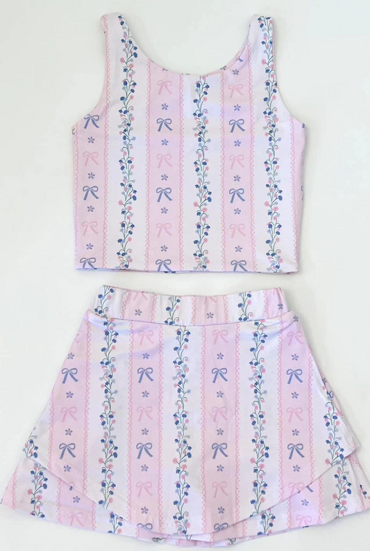 preorder GSD2216 Yoga outfit Pink Flower Bow Striped Sleeveless Top Skirts Shorts 2 pieces set Girls Boutique Outfit 202503