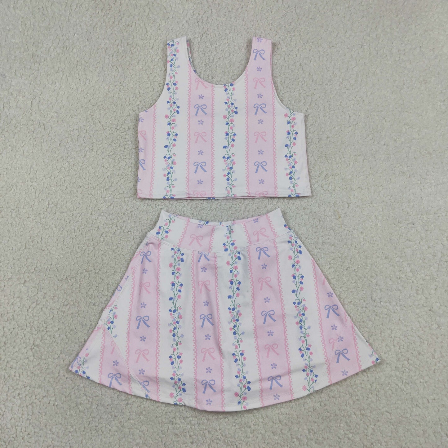 GSD2216 Pink Flower Bow Striped Sleeveless Top Skirts Shorts 2 Pieces Yoga Girls Sets 202605 RTS