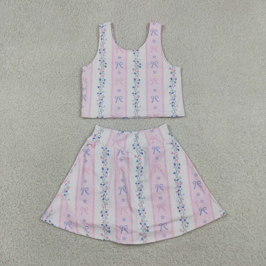 GSD2216 Pink Flower Bow Striped Sleeveless Top Skirts Shorts 2 Pieces Yoga Girls Sets 202605 RTS