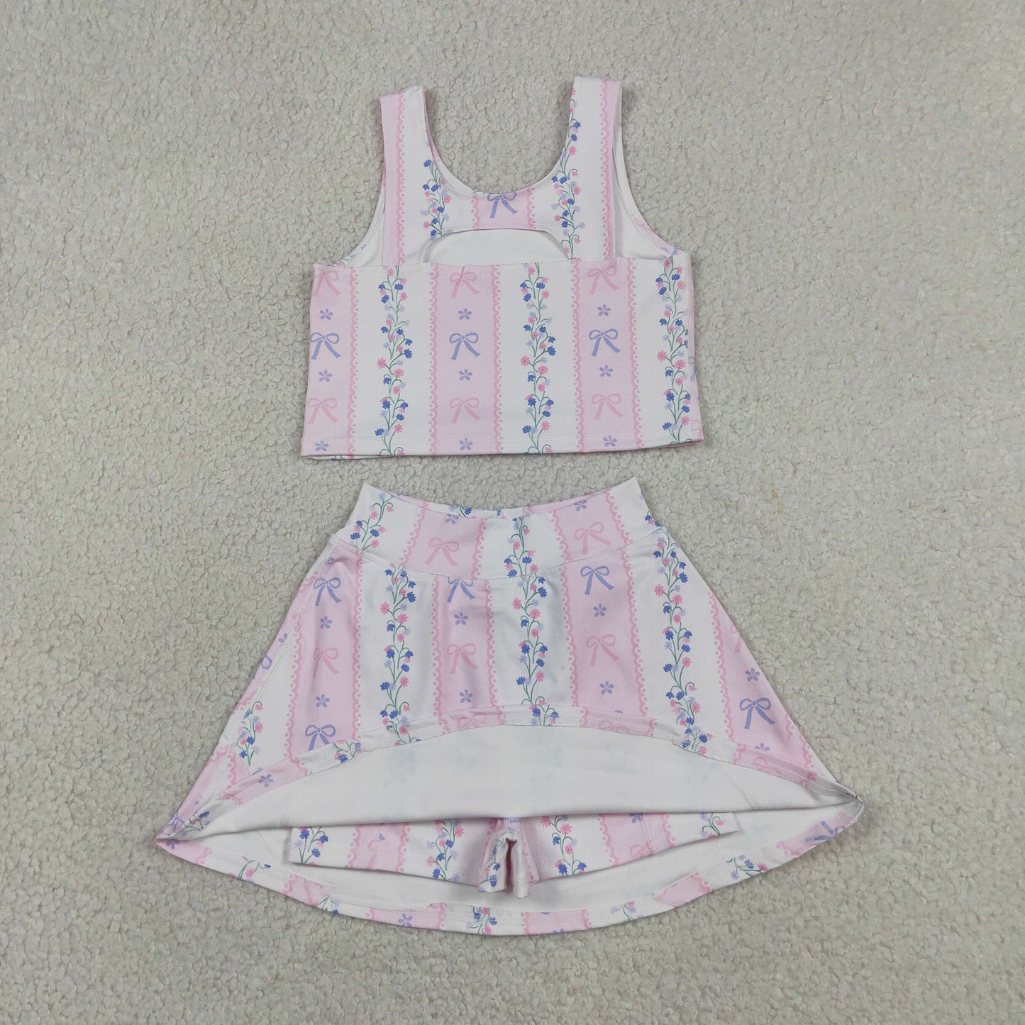 GSD2216 Pink Flower Bow Striped Sleeveless Top Skirts Shorts 2 Pieces Yoga Girls Sets 202605 RTS