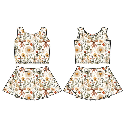 preorder GSD2217 Yoga outfit Beige Yellow Flower Bow Sleeveless Top Skirts Shorts 2 pieces set Girls Boutique Outfit 202503