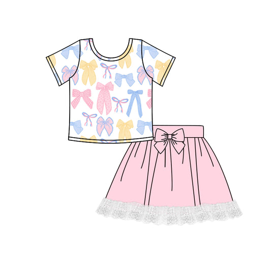 preorder GSD2219 Colored Bows Short Sleeve Top Pink lace Skirts Set Girls Boutique Outfit 202503