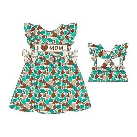 preorder GSD2223 I Love Mom Green Brown Camouflage Flying Sleeve Dress Girls Boutique Clothes 202503