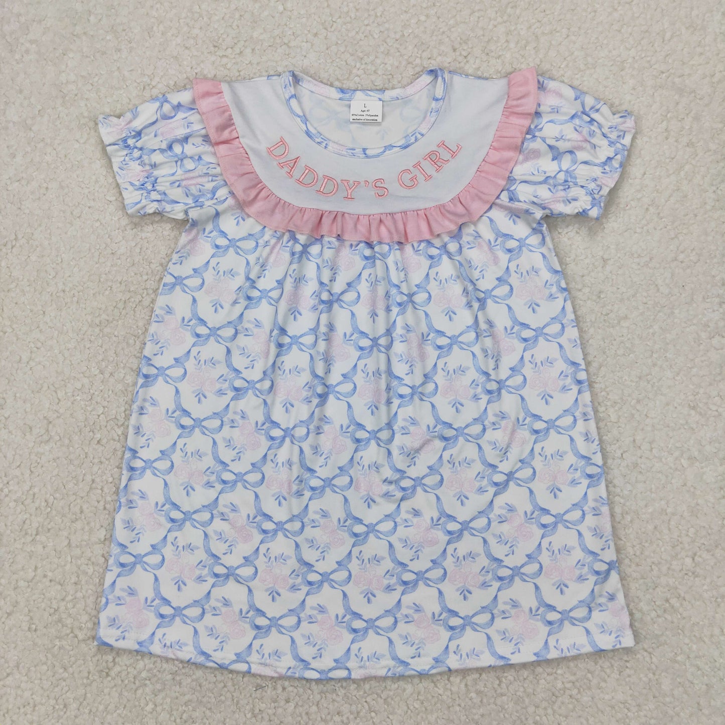 GSD2226 Embroidered Daddy's Girl Pink Blue Bows Ruffle Short sleeve Dress Girls Boutique Clothes  202504 RTS