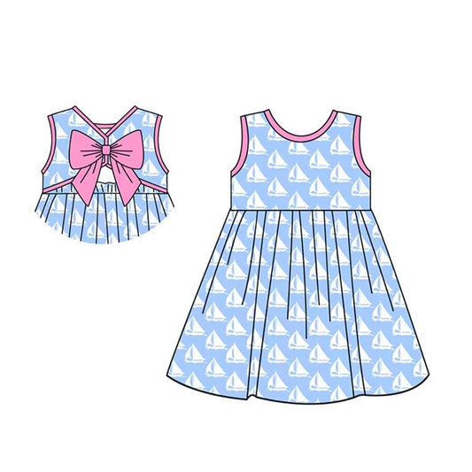preorder GSD2232 Blue Pink Sailboat Bow Sleeveless Dress Girls Boutique Clothes  202503