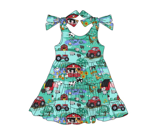 preorder GSD2234 Farm Truck Animal Blue Green Sleeveless Dress Girls Boutique Clothes  202503