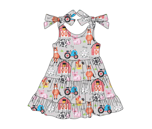 preorder GSD2235 Farm Truck Animal Grey Sleeveless Dress Girls Boutique Clothes  202503