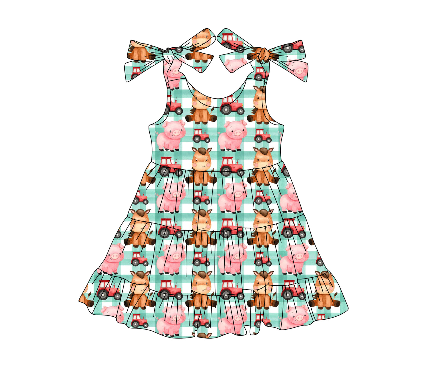 preorder GSD2236 Farm Truck Pig Horse Green Plaid Sleeveless Dress Girls Boutique Clothes  202503