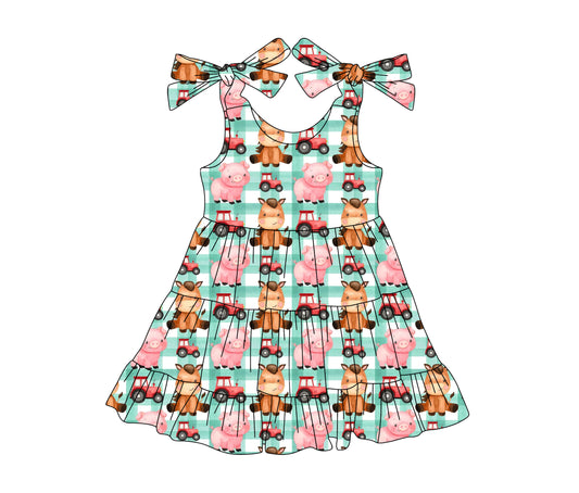 preorder GSD2236 Farm Truck Pig Horse Green Plaid Sleeveless Dress Girls Boutique Clothes  202503
