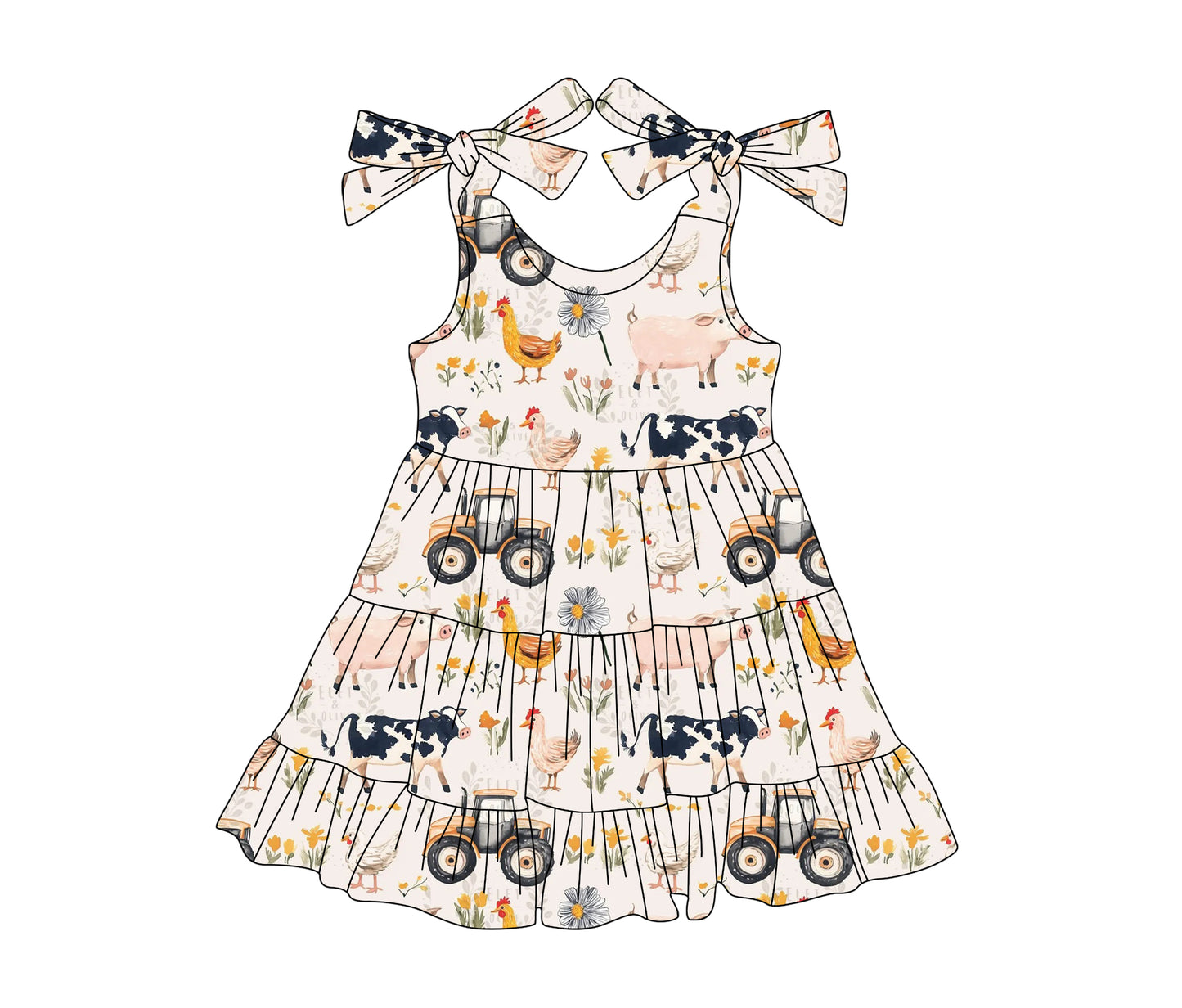 preorder GSD2237 Farm Truck Cow Chicken Beige Sleeveless Dress Girls Boutique Clothes  202503