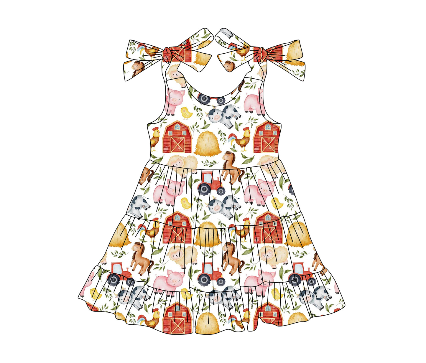 preorder GSD2238 Farm Truck Cow Horse Chicken White Sleeveless Dress Girls Boutique Clothes  202503