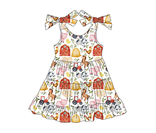 preorder GSD2238 Farm Truck Cow Horse Chicken White Sleeveless Dress Girls Boutique Clothes  202503