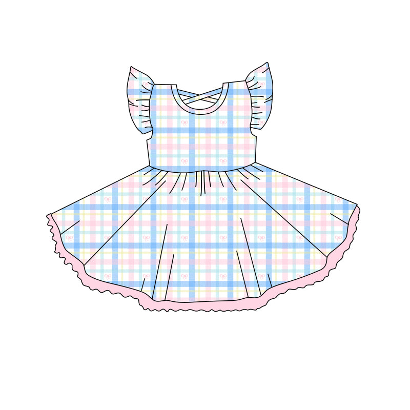 preorder GSD2252 Blue Pink Plaid Ruffle Fly Sleeve Dress Girls Boutique Clothes  202503