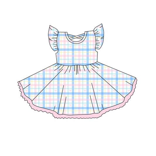 preorder GSD2252 Blue Pink Plaid Ruffle Fly Sleeve Dress Girls Boutique Clothes  202503