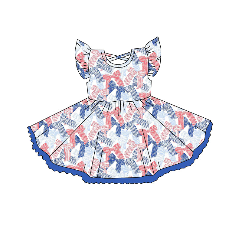 preorder GSD2256 4th of July Navy Blue Red Bows Ruffle Fly Sleeve Dress Girls Boutique Clothes  202503