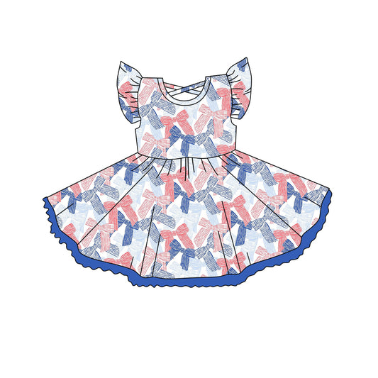 preorder GSD2256 4th of July Navy Blue Red Bows Ruffle Fly Sleeve Dress Girls Boutique Clothes  202503