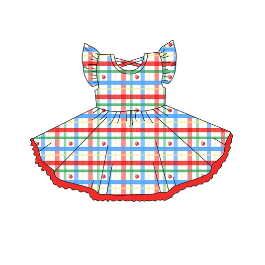 preorder GSD2257 Red Green Plaid Apple Ruffle Fly Sleeve Dress Girls Boutique Clothes  202503
