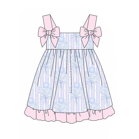 preorder GSD2264 Blue Pink Flower Striped Bows Ruffle Sleeveless Dress Girls Boutique Clothes 202503