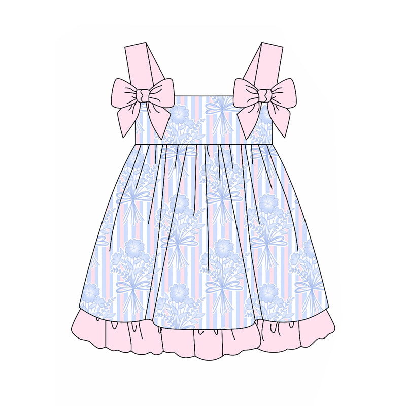 preorder GSD2264 Blue Pink Flower Striped Bows Ruffle Sleeveless Dress Girls Boutique Clothes  202503