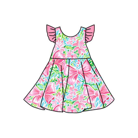 Preorder GSD2270 pink green bows flower leaf ruffle fly sleeve dress Girls Boutique Summer clothes  202504