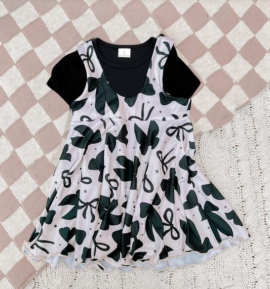 Preorder GSD2272 pure black short sleeve bows dress Girls sets   202504