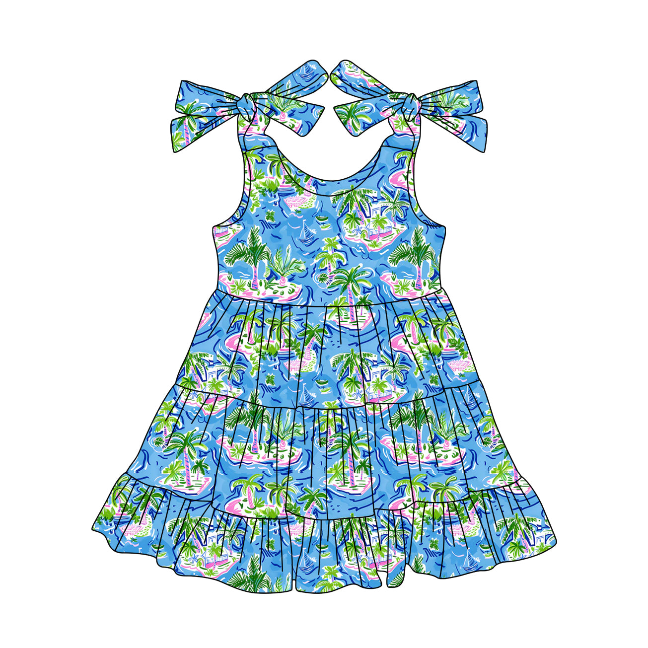 preorder GSD2273 Beach Sea Blue Ruffle Sleeveless Dress Girls Boutique Outfits 202504