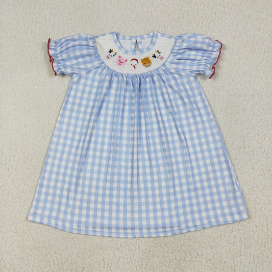 GSD2275 Factor Animals Blue White Plaid Short Sleeve Dress Smocked Girls Boutique Outfits 202506 RTS