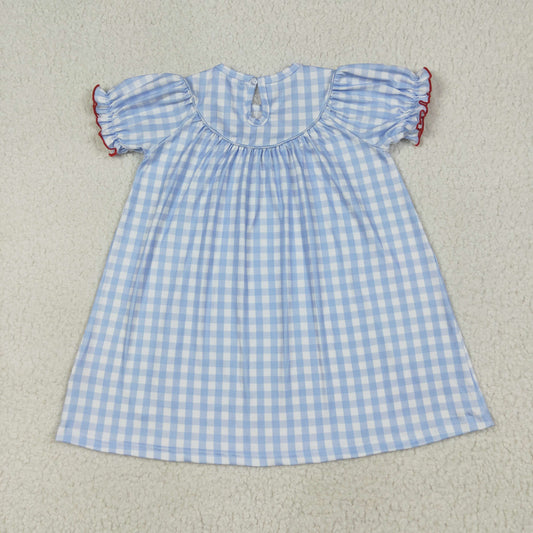 GSD2275 Factor Animals Blue White Plaid Short Sleeve Dress Smocked Girls Boutique Outfits 202506 RTS