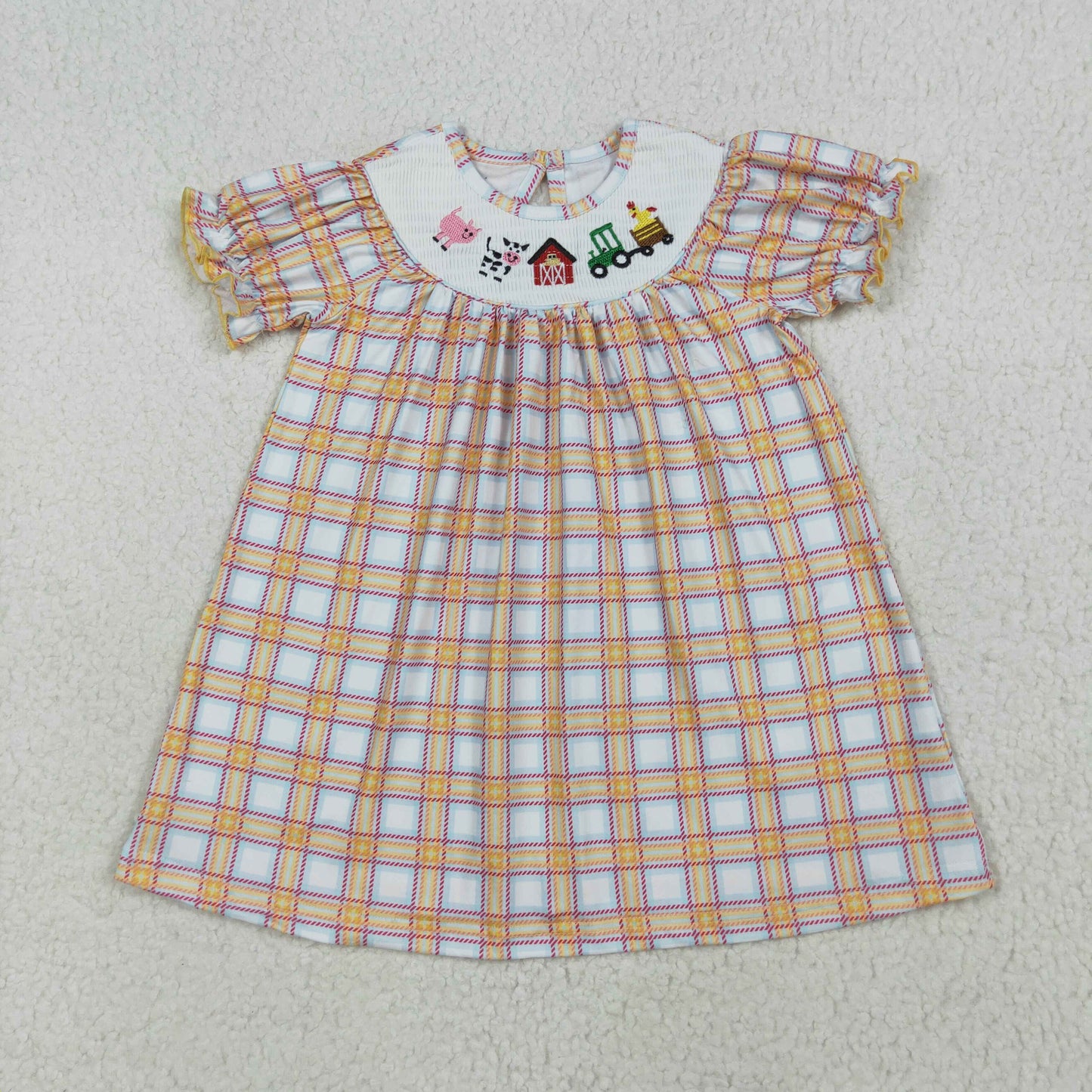 GSD2276 Factor Animals Orange Plaid Short Sleeve Dress Smocked Girls Boutique Outfits 202507 RTS