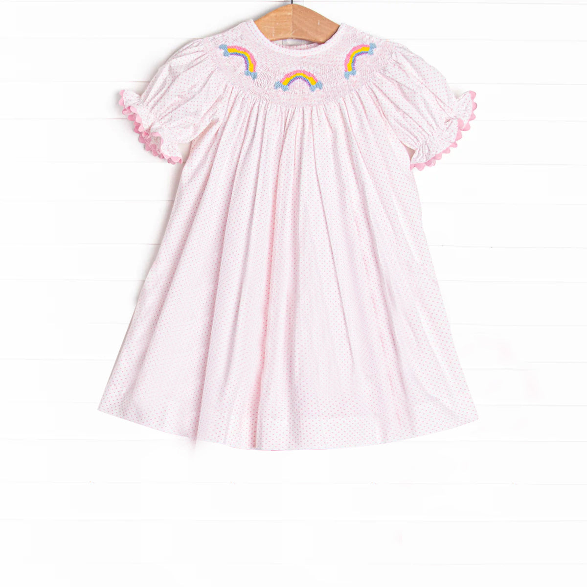 preorder GSD2277  Rainbow Pink Dot Short Sleeve Dress Smocked Girls Boutique Outfits 202504