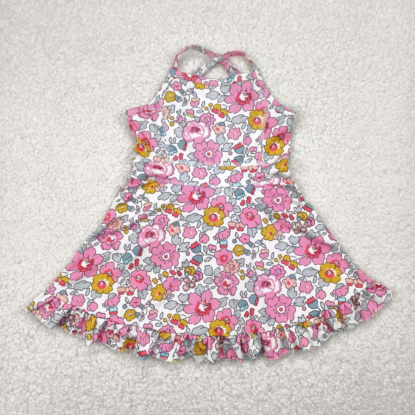 GSD2278 Pink Flower Ruffle Sleeveless Halter Yoga Dress Girls Boutique Clothes  202504 RTS