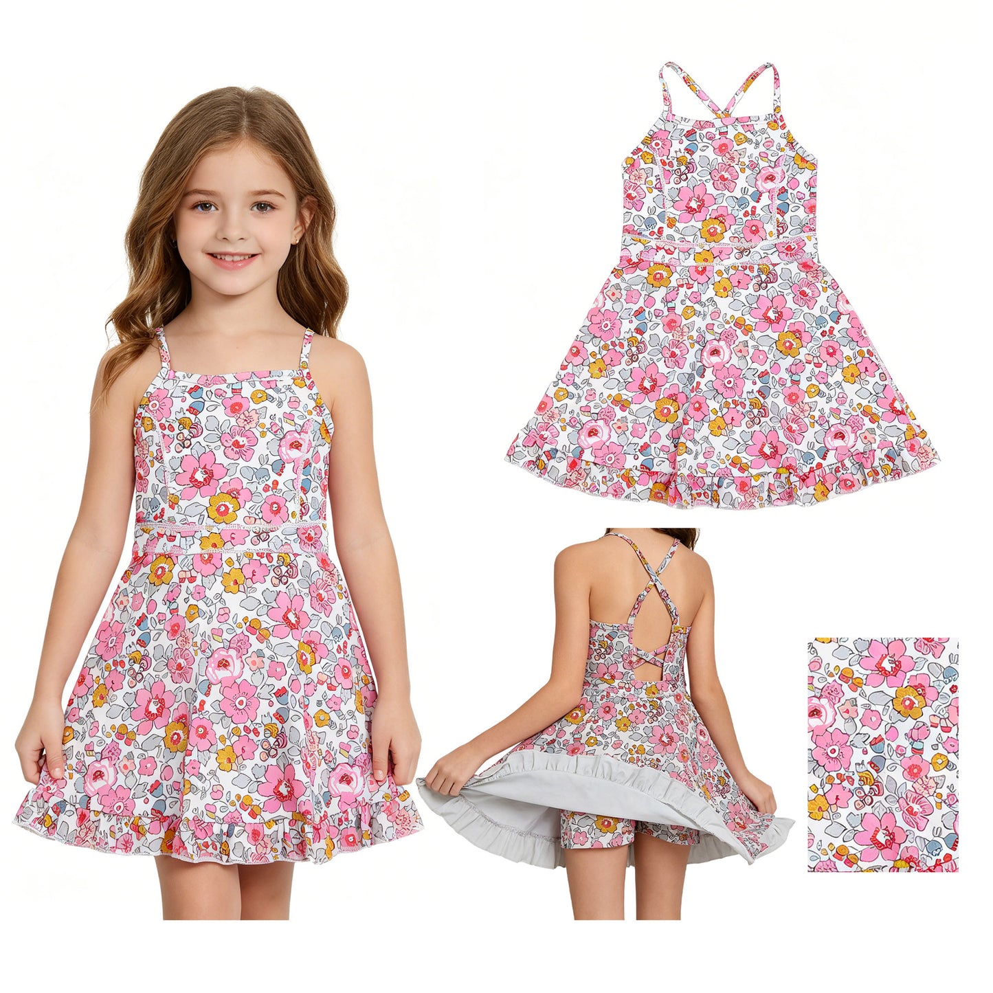 New GSD2278 Pink Flower Ruffle Sleeveless Halter Yoga Dresses for Girls 202605 RTS