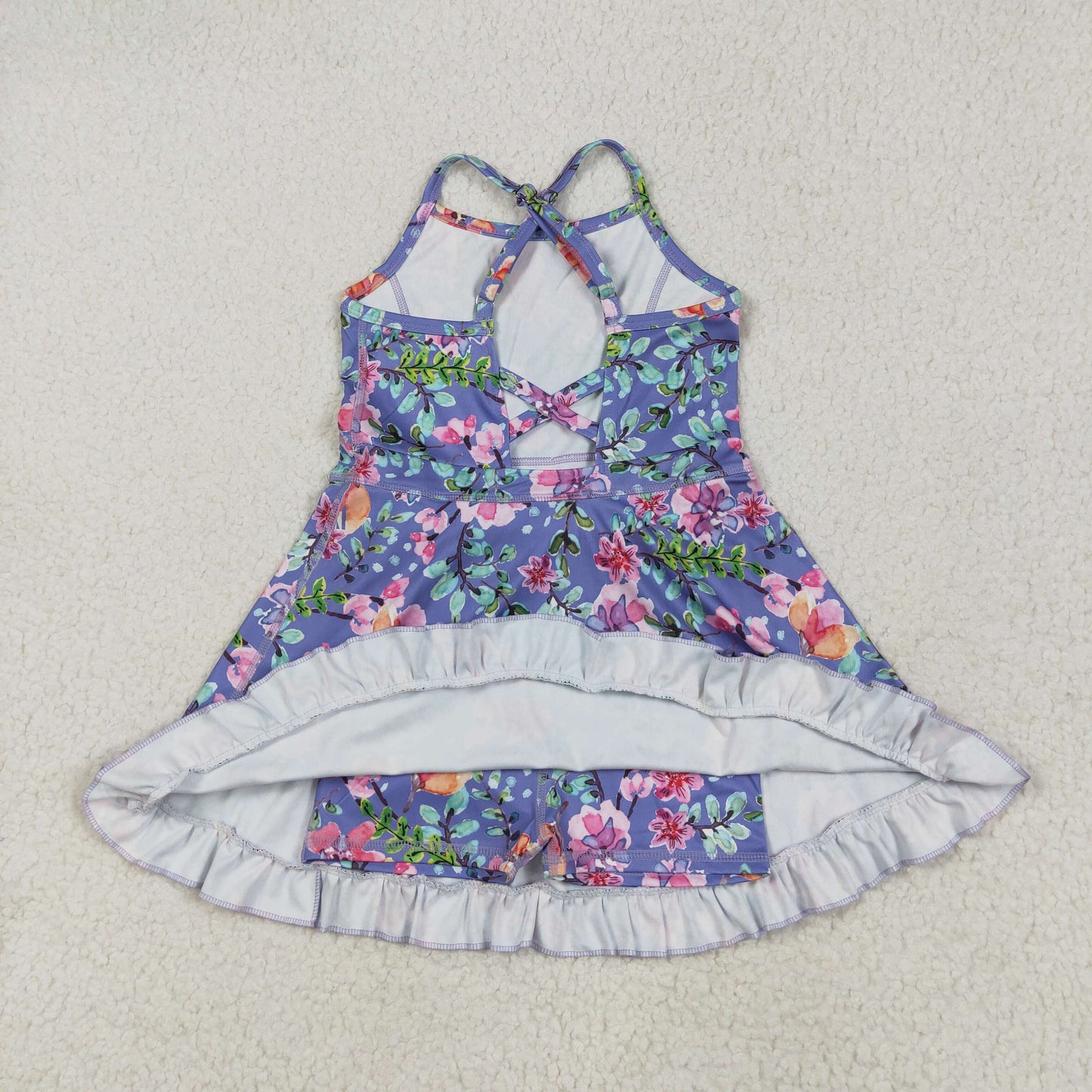 GSD2279 Flower Leaf Blue Purple Ruffle Sleeveless Halter Yoga Dress Girls Boutique Clothes  202505 RTS