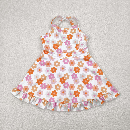 GSD2282 Orange Pink Flower White Ruffle Sleeveless Halter Yoga Dress Girls Boutique Clothes  202504 RTS