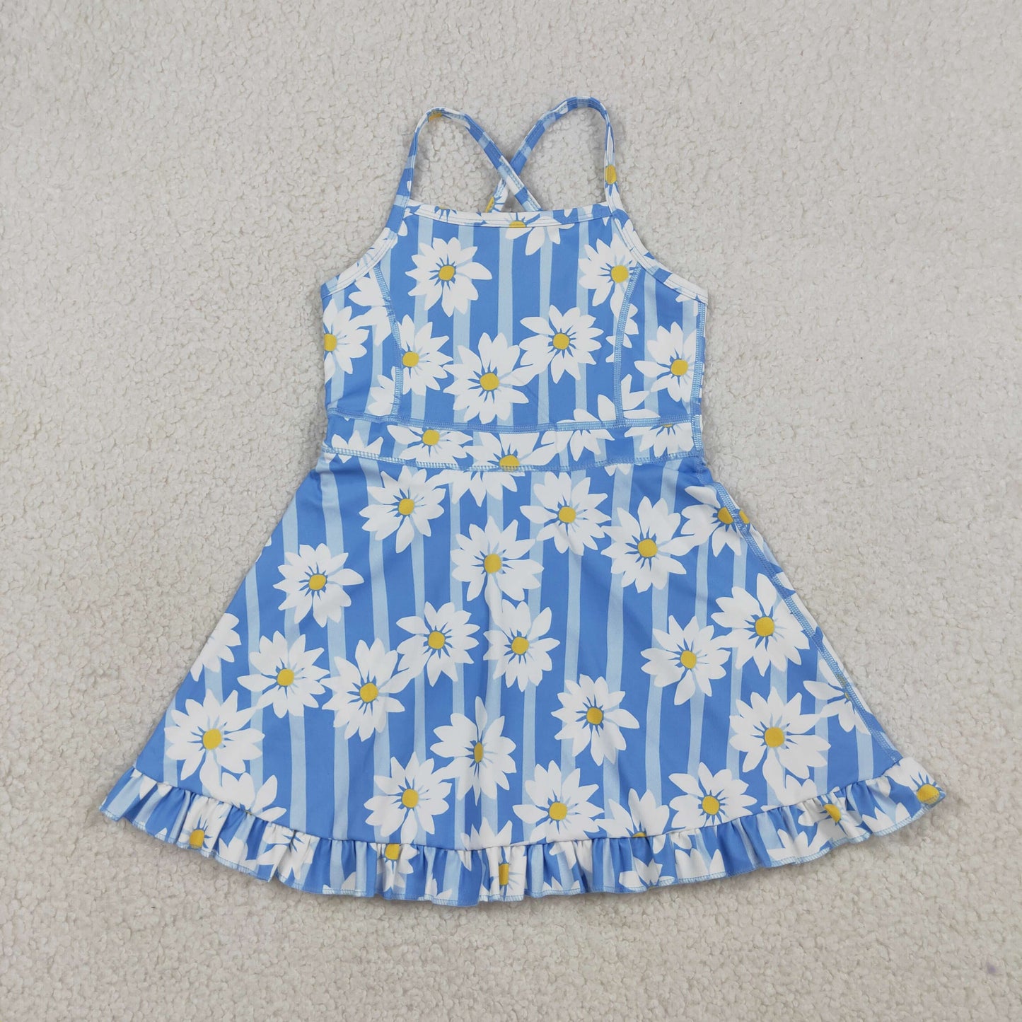 NEW GSD2283 White Flower Blue Stripe Ruffle Sleeveless Halter Yoga Dresses for Girls 202603 RTS