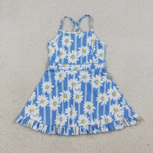 NEW GSD2283 White Flower Blue Stripe Ruffle Sleeveless Halter Yoga Dresses for Girls 202603 RTS