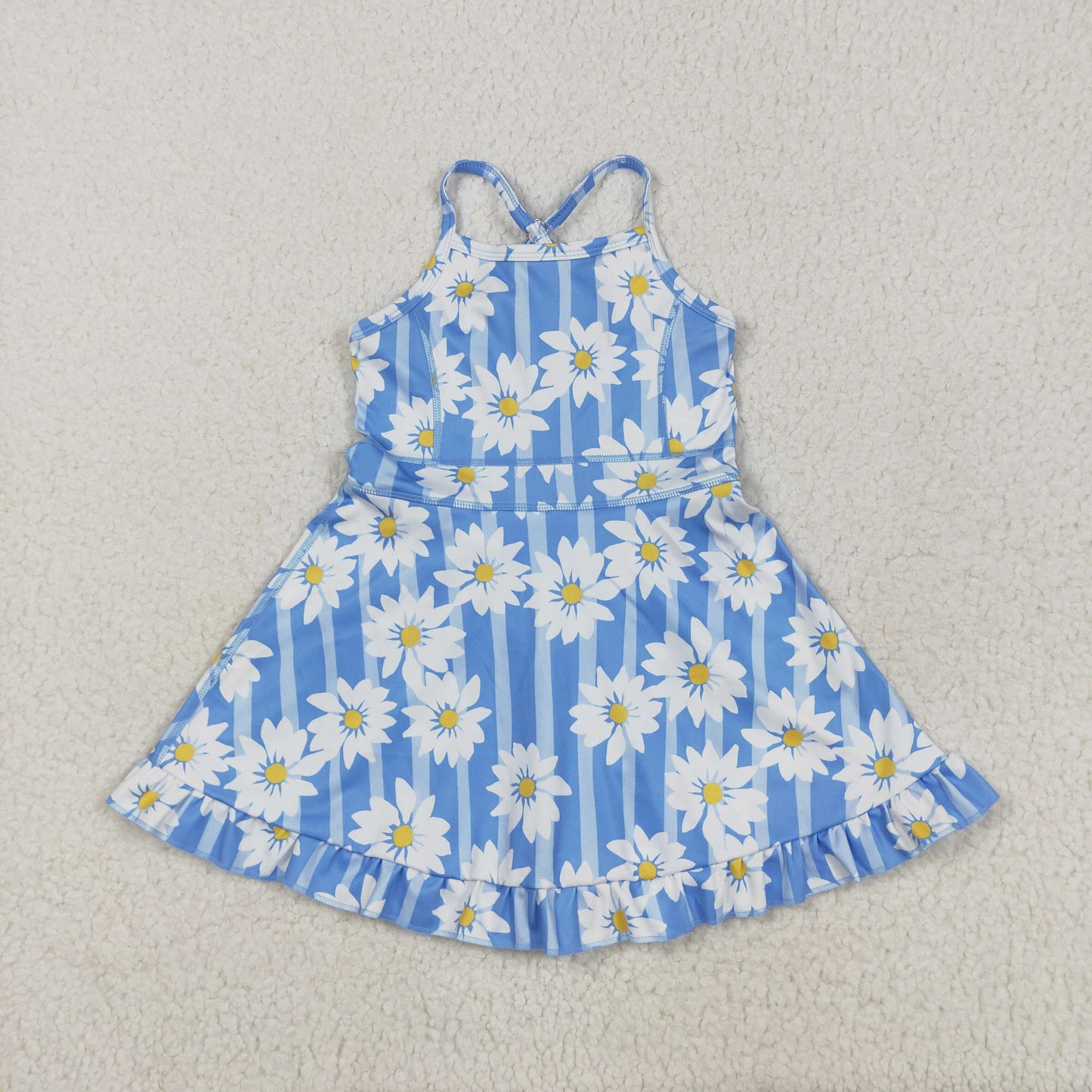 GSD2283 White Flower Blue Stripe Ruffle Sleeveless Halter Yoga Dress Girls Boutique Clothes  202505 RTS