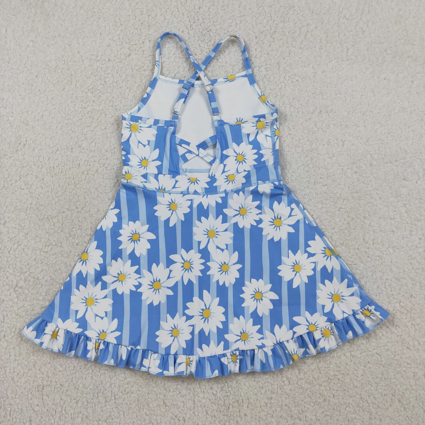 NEW GSD2283 White Flower Blue Stripe Ruffle Sleeveless Halter Yoga Dresses for Girls 202603 RTS