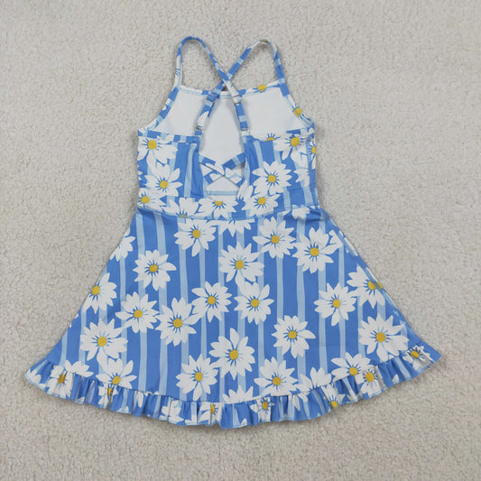 NEW GSD2283 White Flower Blue Stripe Ruffle Sleeveless Halter Yoga Dresses for Girls 202603 RTS