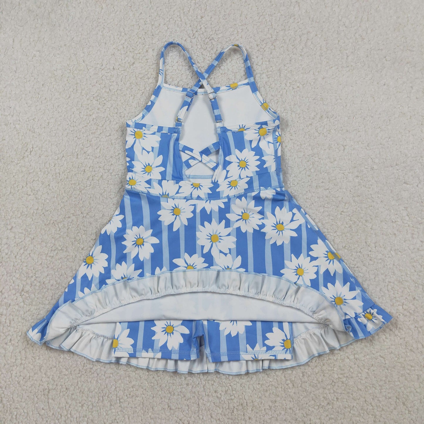 NEW GSD2283 White Flower Blue Stripe Ruffle Sleeveless Halter Yoga Dresses for Girls 202603 RTS