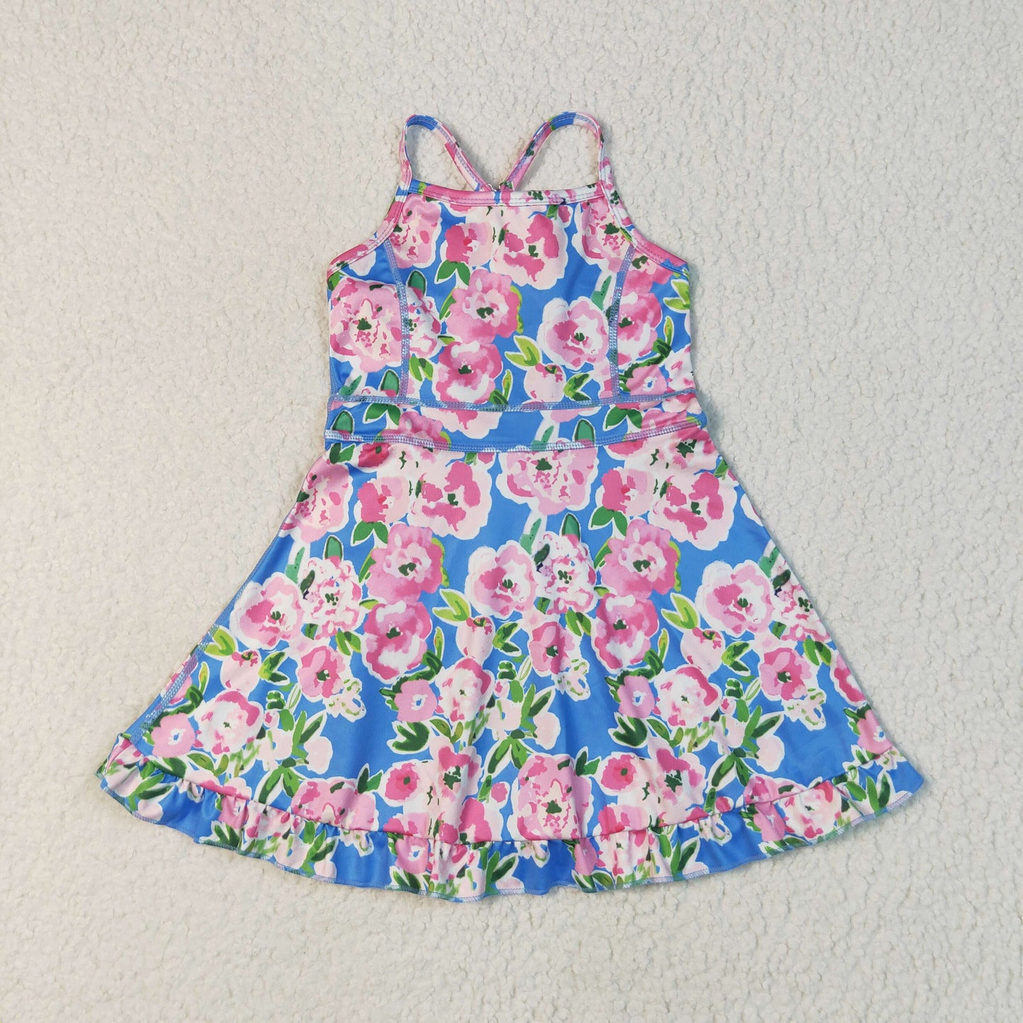 GSD2284 Blue Pink Flower Ruffle Sleeveless Halter Yoga Dress Girls Boutique Clothes  202507 RTS