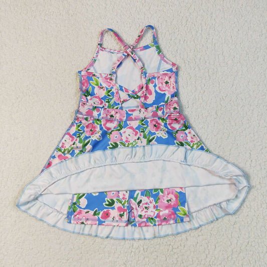 GSD2284 Blue Pink Flower Ruffle Sleeveless Halter Yoga Dress Girls Boutique Clothes  202507 RTS