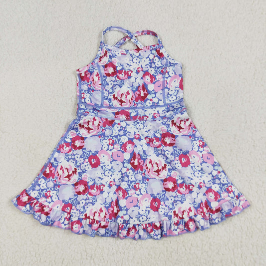 GSD2285 Pink Purple Flower Ruffle Sleeveless Halter Yoga Dress Girls Boutique Clothes  202506 RTS
